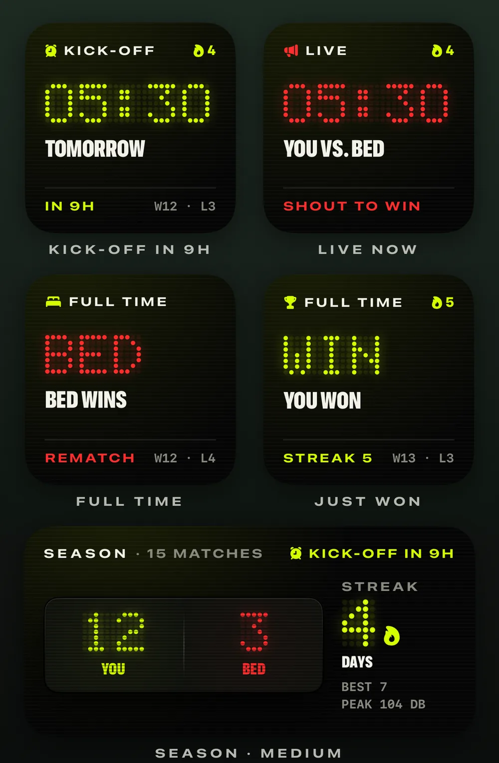 Home Screen widgets: kick-off 05:30 tomorrow, live match, BED wins, you won with a 5-day streak, and a medium season widget showing YOU 12, BED 3.